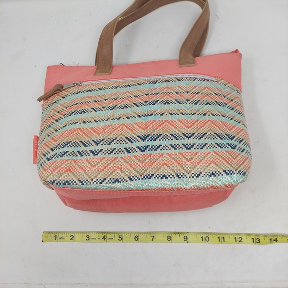 Emma & Chloe Salmon Pink Blue Woven Chevron Insulated Lunch Bag Beachy Coastal - Picture 6 of 12